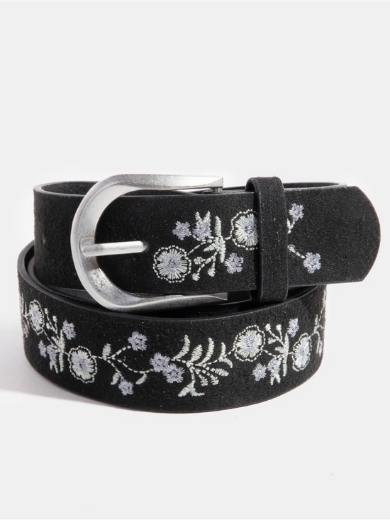 Boutique Brand Accessories - NWT Embroidered Black Suede Floral Women's Belt with Silver Buckle